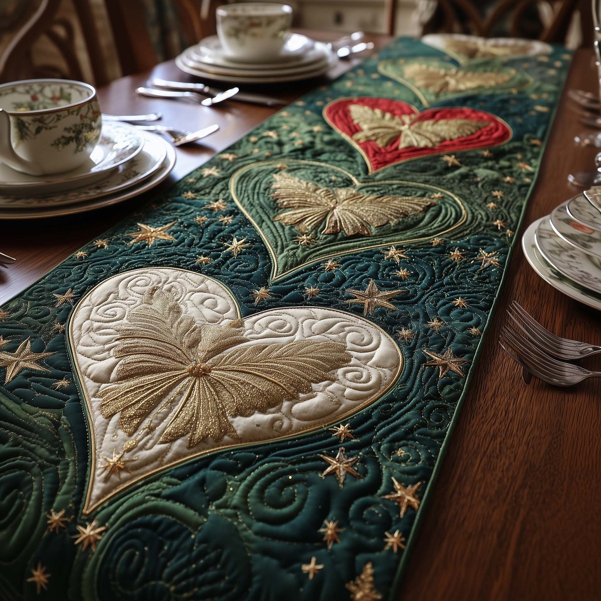 Cream Heart on Green Starry Ground Table Runner - Made to Order TABLE928
