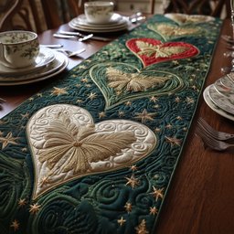 Cream Heart on Green Starry Ground Table Runner - Made to Order TABLE928