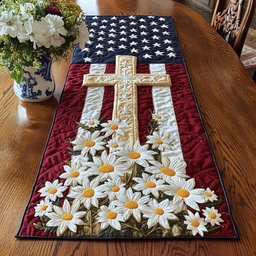 Cross with Daisies on the Flag Table Runner - Made to Order TABLE928