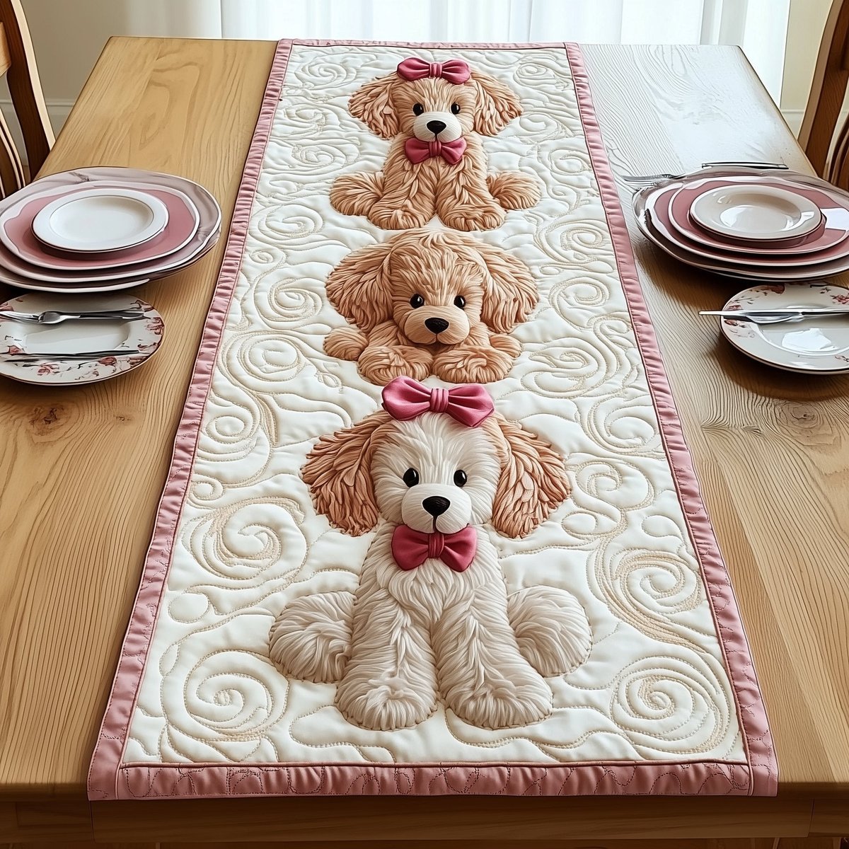 Cream Poodle with Pink Bow Table Runner - Made to Order TABLE928