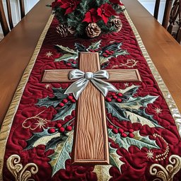 Cross with Silver Bow and Holly Table Runner - Made to Order TABLE928
