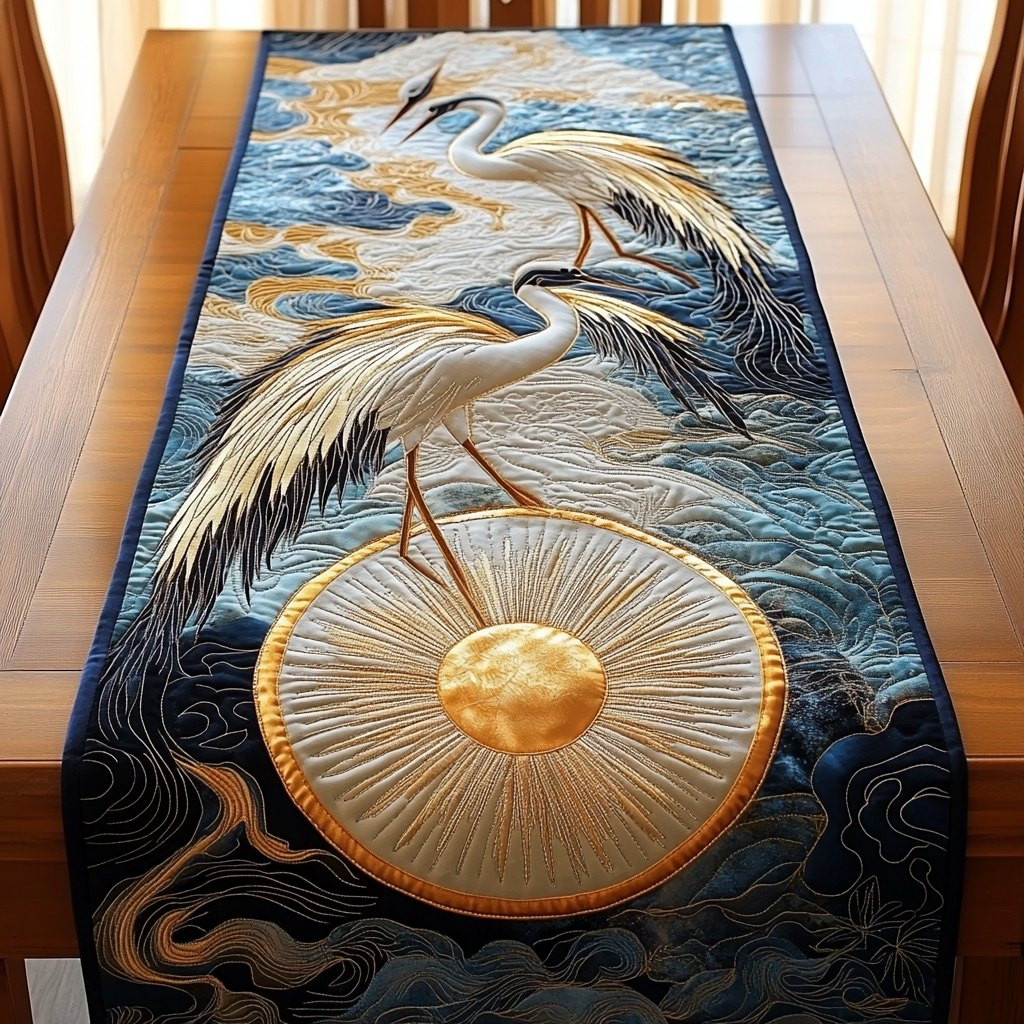 Crane Over Golden Disc and Waves Table Runner - Made to Order TABLE928