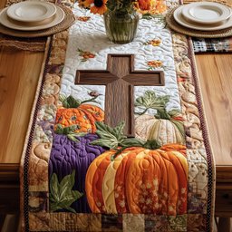 Cross with Purple and Orange Pumpkins Table Runner - Made to Order TABLE928