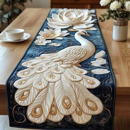 Cream Peacock on Navy Swirls Table Runner - Made to Order TABLE928
