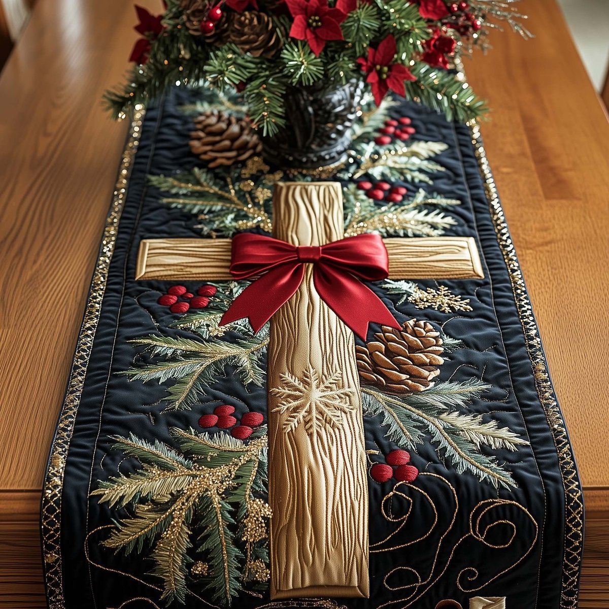 Cross with Red Ribbon and Pine Table Runner - Made to Order TABLE928