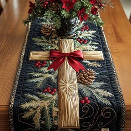 Cross with Red Ribbon and Pine Table Runner - Made to Order TABLE928