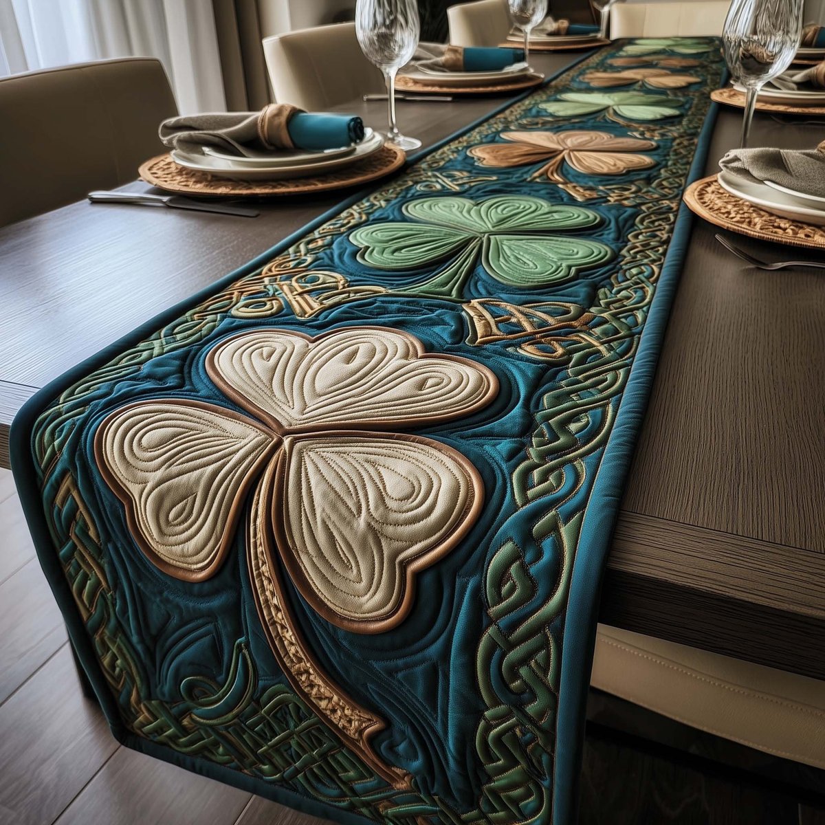 Cream Shamrock on Teal Knotwork Table Runner - Made to Order TABLE928
