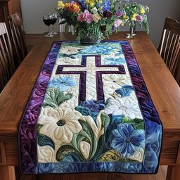 Cross with White Daisies on Purple Table Runner - Made to Order TABLE928