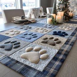 Cream Paw Prints on Blue Squares Table Runner - Made to Order TABLE928