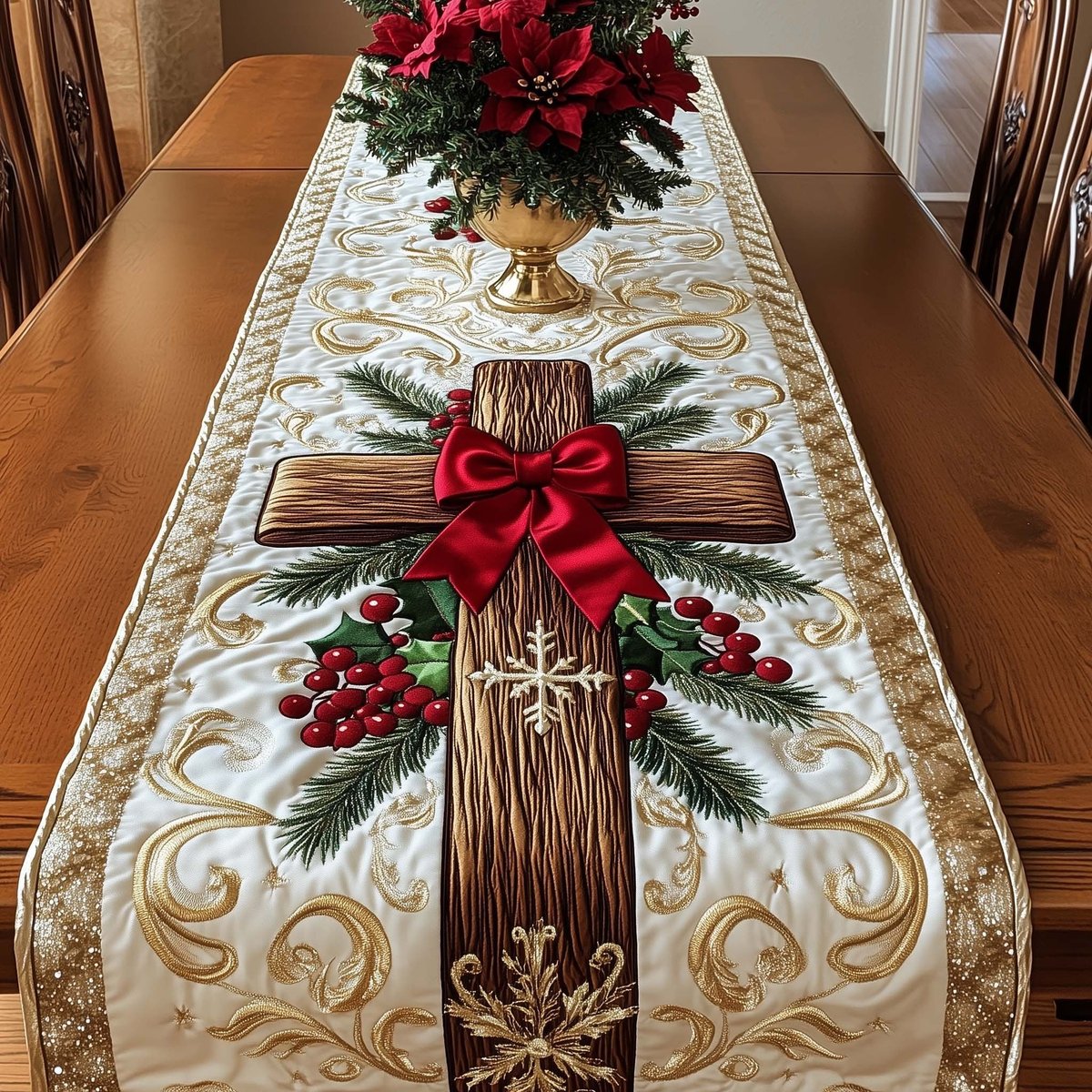 Cross with Red Bow and Berries Table Runner - Made to Order TABLE928
