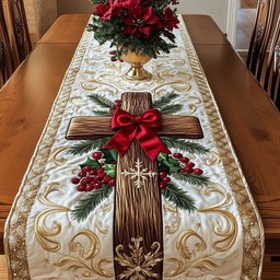Cross with Red Bow and Berries Table Runner - Made to Order TABLE928