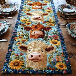Cream Highland Cow with Sunflowers Table Runner - Made to Order TABLE928