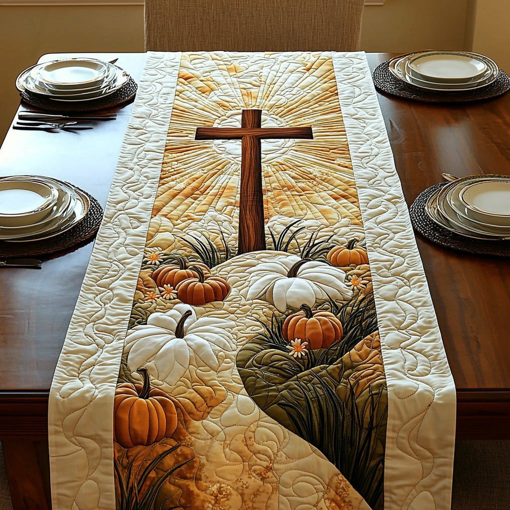 Cross with White and Orange Pumpkins Table Runner - Made to Order TABLE928
