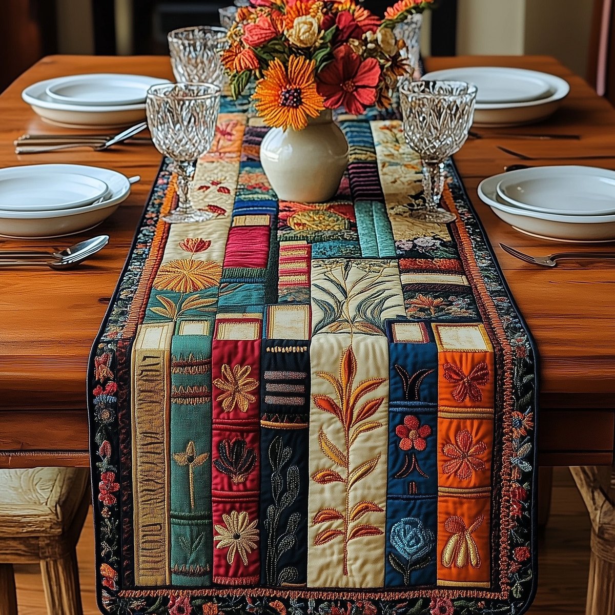 Cream and Blue Book Spines Table Runner - Made to Order TABLE928