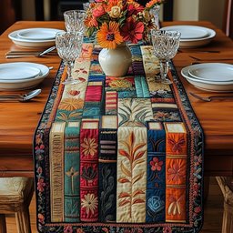 Cream and Blue Book Spines Table Runner - Made to Order TABLE928