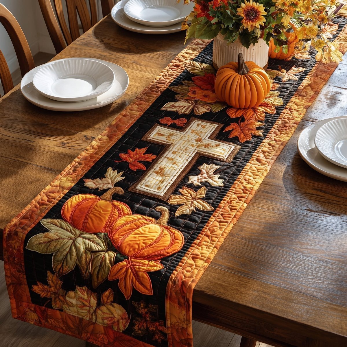 Cross and Pumpkins on Black Border Table Runner - Made to Order TABLE928