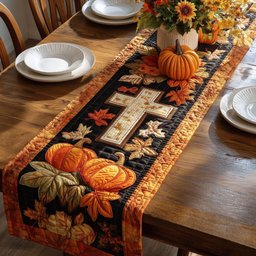 Cross and Pumpkins on Black Border Table Runner - Made to Order TABLE928