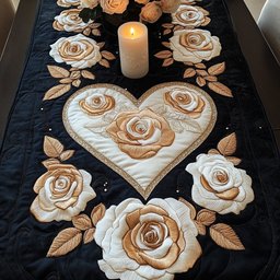 Cream Heart with Roses on Black Table Runner - Made to Order TABLE928