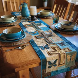 Crosses with Butterflies on Blue Table Runner - Made to Order TABLE928