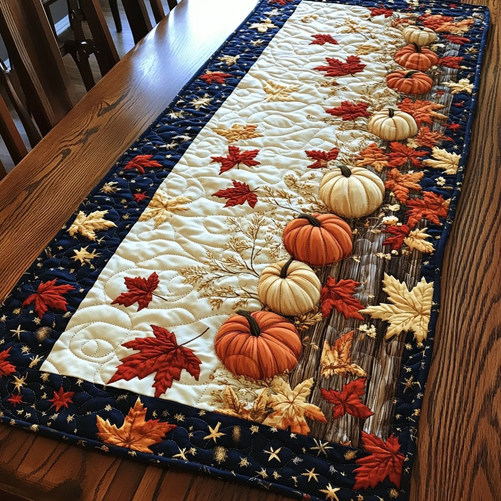 Cream Pumpkins with Maple Leaves on Navy Table Runner - Made to Order TABLE928