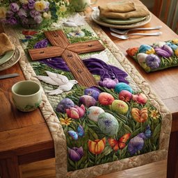 Cross with Easter Eggs and Tulips Table Runner - Made to Order TABLE928