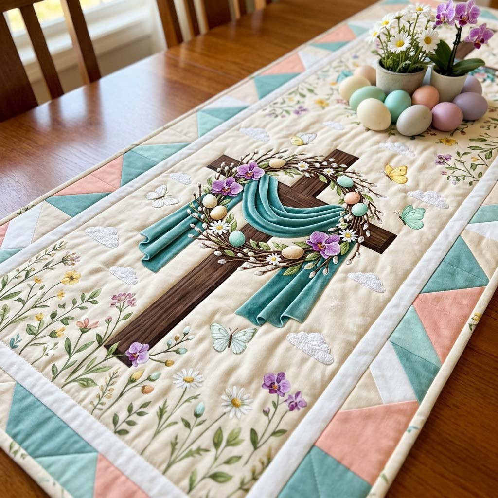 Cross with Teal Drape and Wreath Table Runner - Made to Order TABLE928