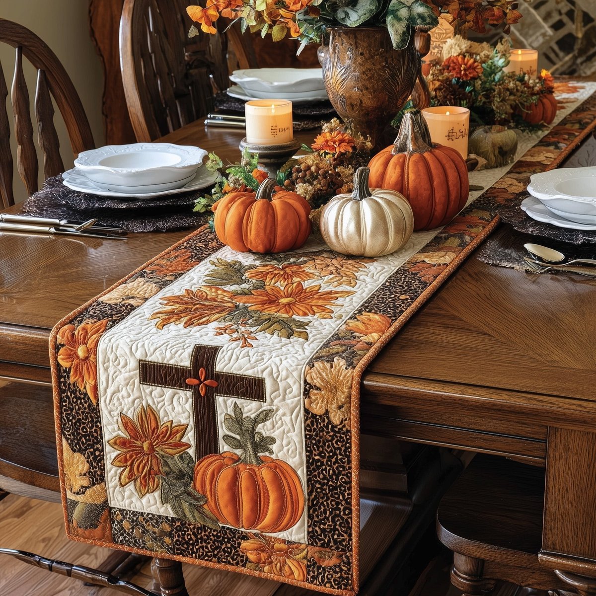Cross with Autumn Leaves and Pumpkin Table Runner - Made to Order TABLE928