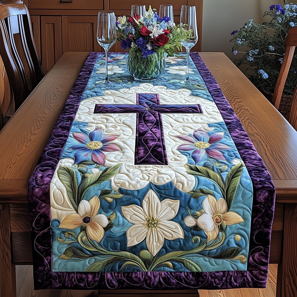 Cross Above White Lilies in Blue Table Runner - Made to Order TABLE928