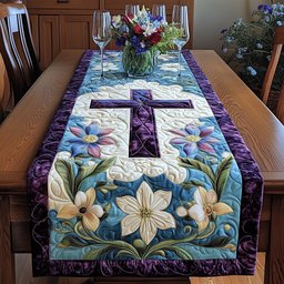 Cross Above White Lilies in Blue Table Runner - Made to Order TABLE928
