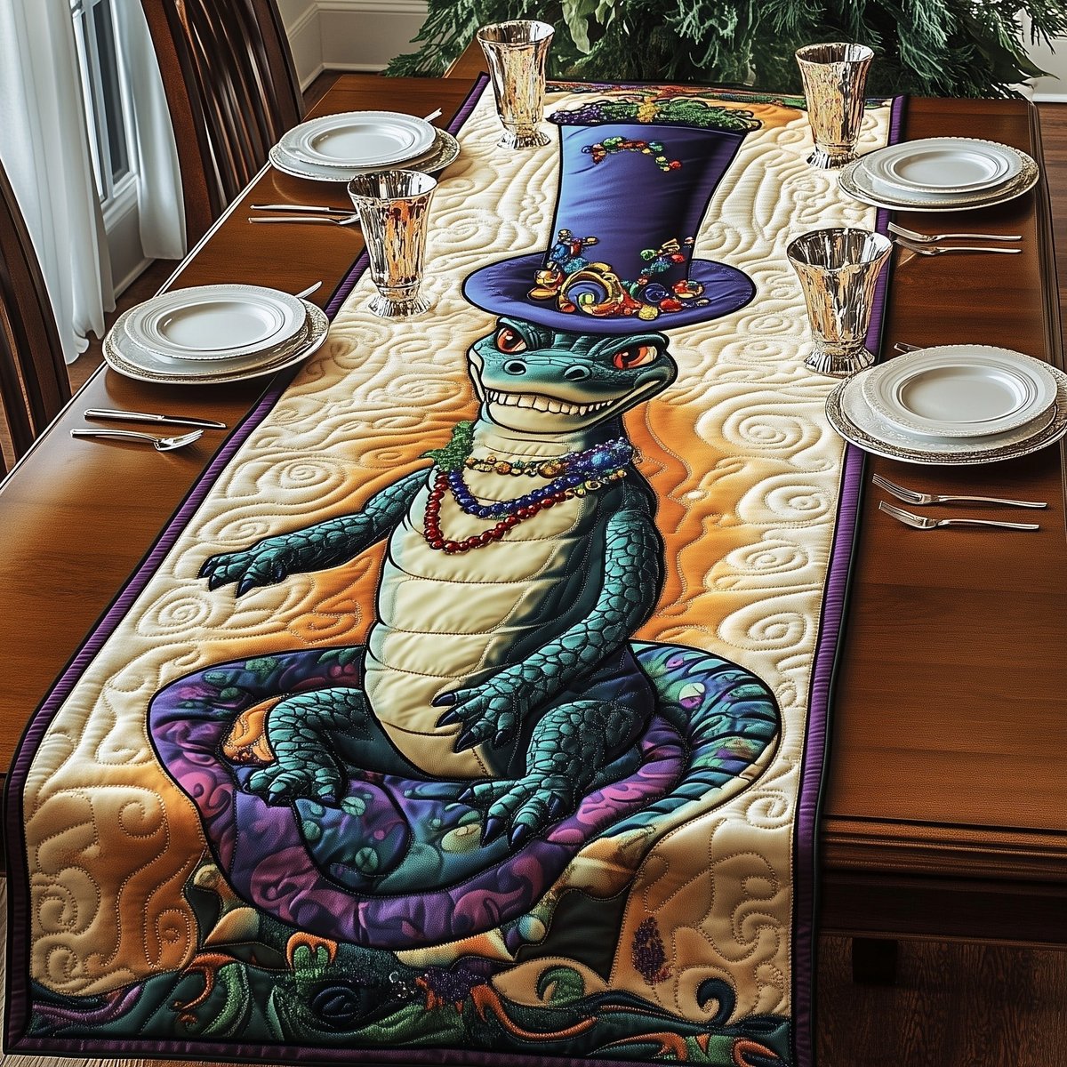 Crocodile in Purple Beaded Hat Table Runner - Made to Order TABLE928