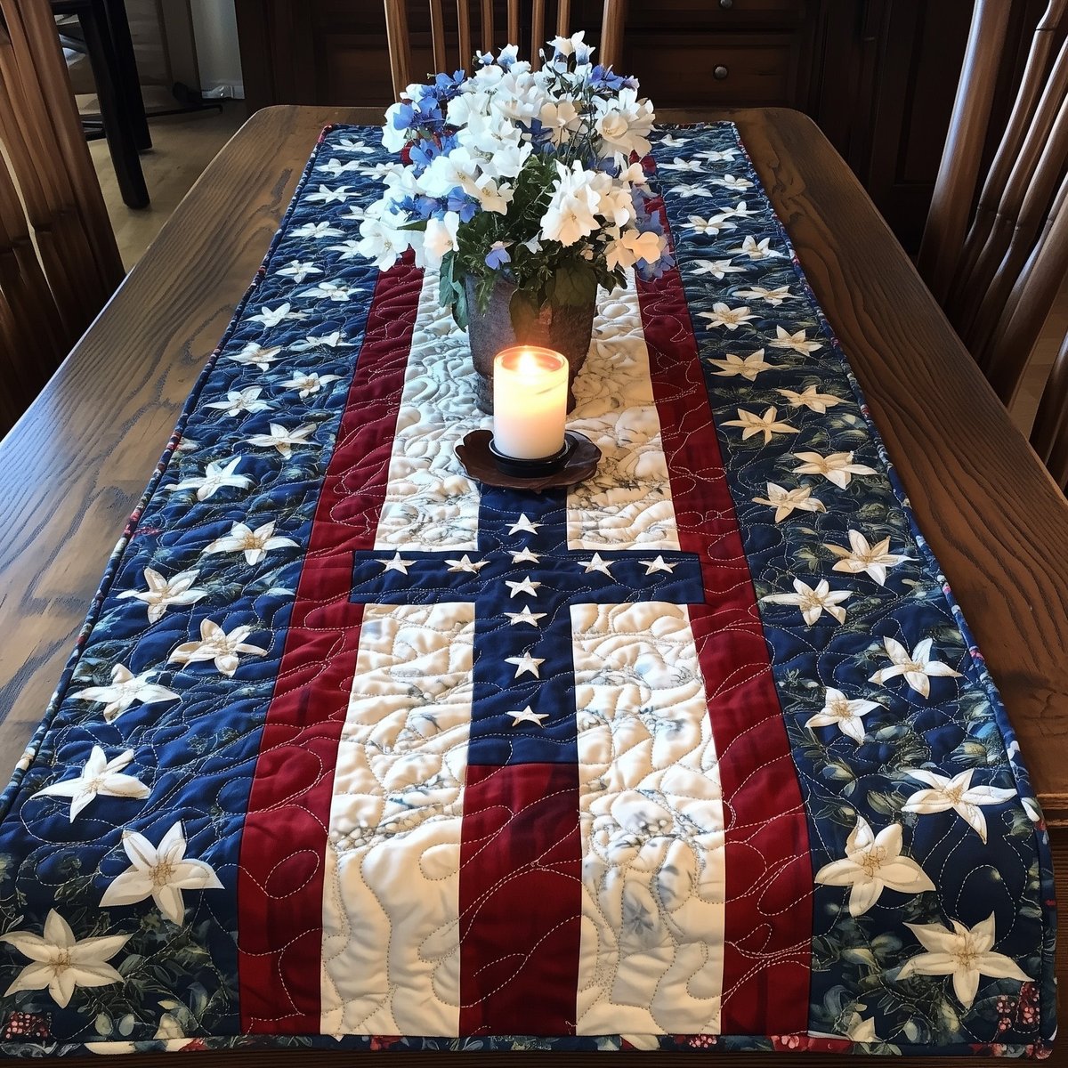 Cream Stripe Between Star Panels Table Runner - Made to Order TABLE928