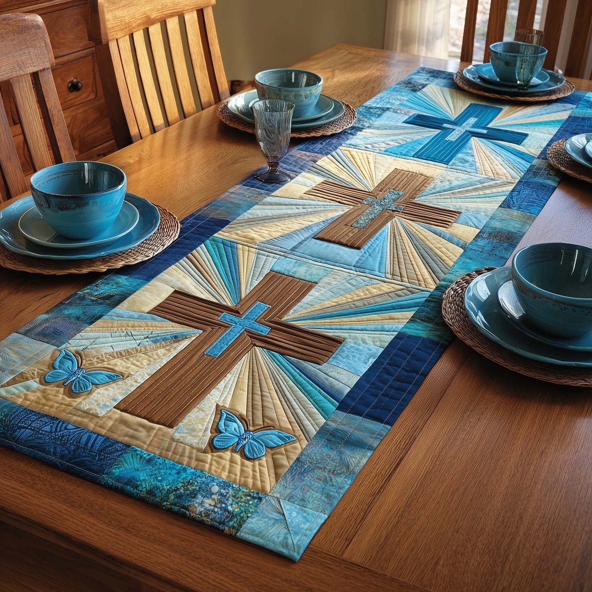 Cross on Blue Starburst Quilt Table Runner - Made to Order TABLE928