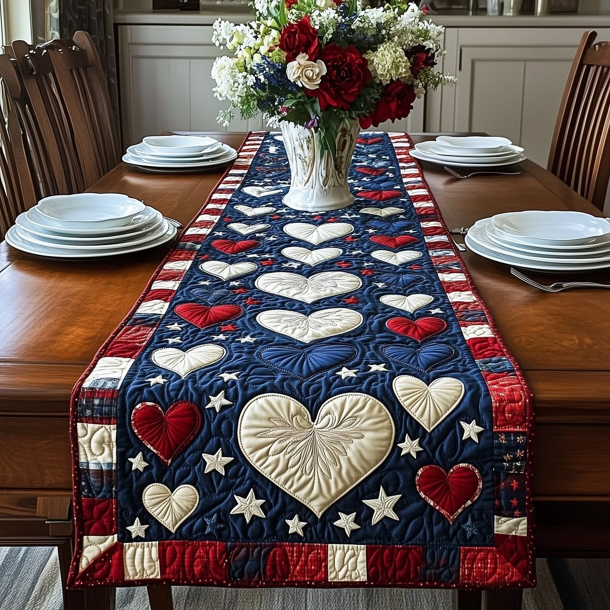 Cream Hearts on Blue with Stars Table Runner - Made to Order TABLE928