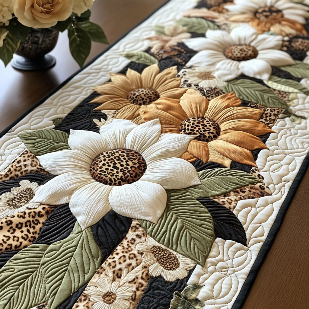 Cream Sunflower with Leopard Print Table Runner - Made to Order TABLE928