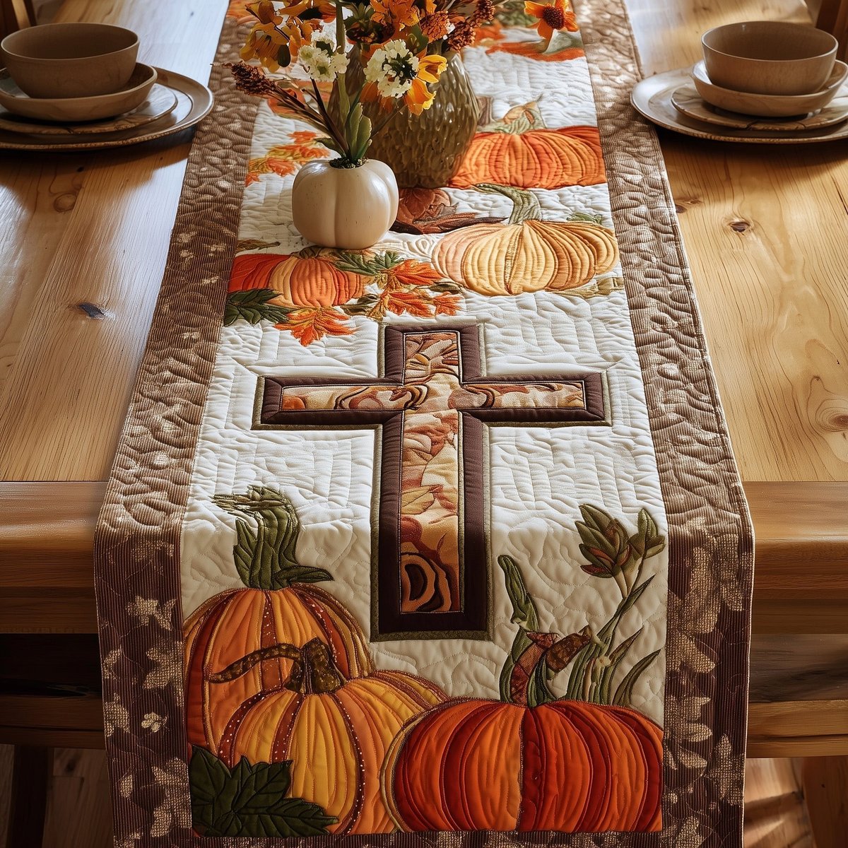 Cross on Brown with Two Pumpkins Table Runner - Made to Order TABLE928