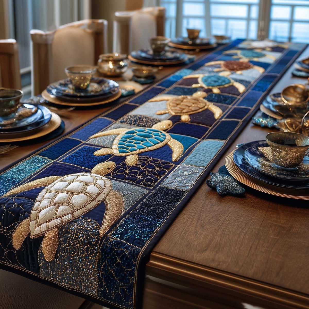Cream and Navy Turtle Blocks Table Runner - Made to Order TABLE928