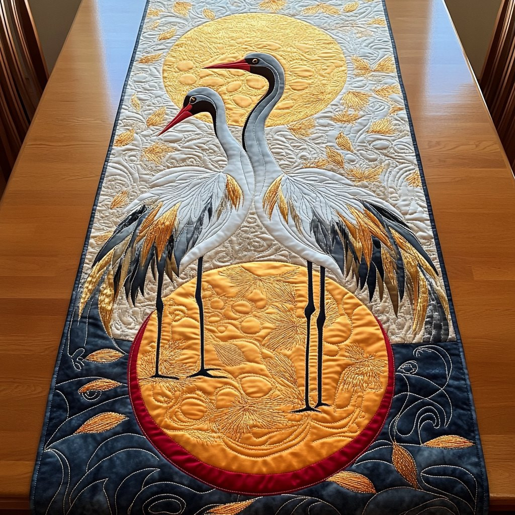Crane and Orange Sun on Navy Table Runner - Made to Order TABLE928