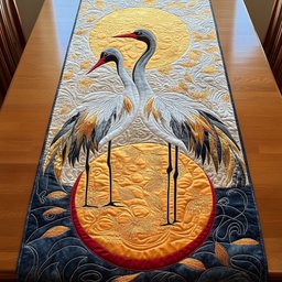 Crane and Orange Sun on Navy Table Runner - Made to Order TABLE928