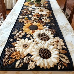 Cream Sunflower with Leopard on Black Table Runner - Made to Order TABLE928
