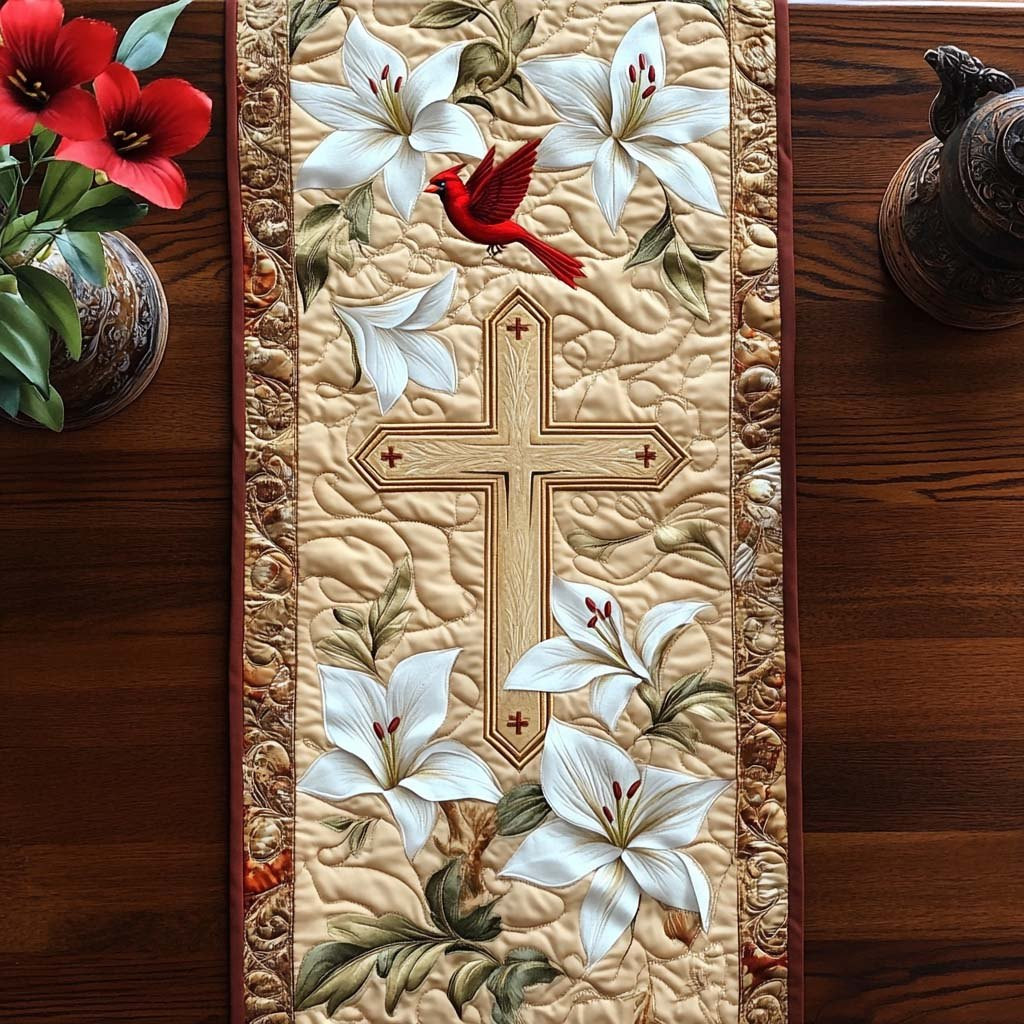 Cross with Lilies on Cream Table Runner - Made to Order TABLE928
