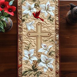 Cross with Lilies on Cream Table Runner - Made to Order TABLE928