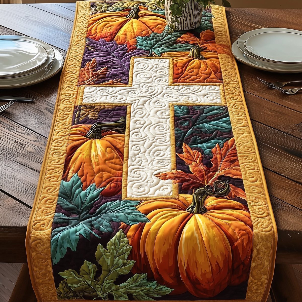 Cross with a Golden Pumpkin Table Runner - Made to Order TABLE928