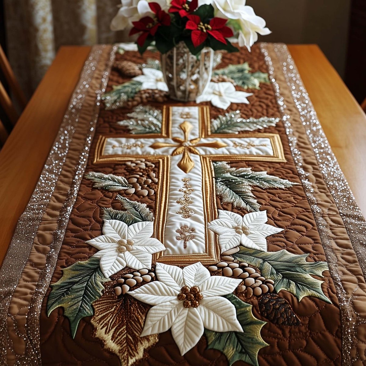 Cross with Pinecones and White Poinsettias Table Runner - Made to Order TABLE928