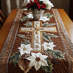 Cross with Pinecones and White Poinsettias Table Runner - Made to Order TABLE928