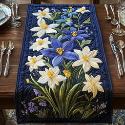 Cream Lilies with Blue Blossoms Table Runner - Made to Order TABLE928