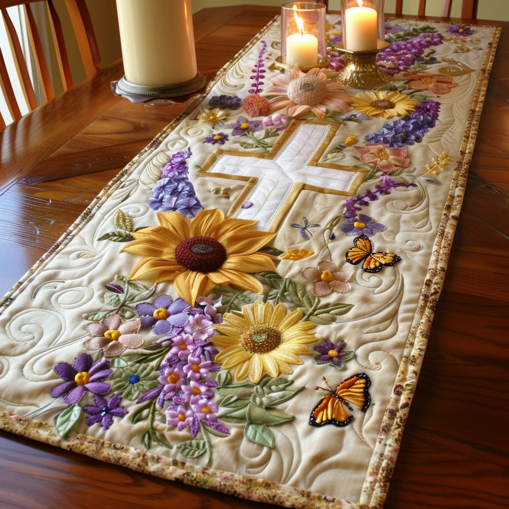 Cross with Sunflowers and Butterflies Table Runner - Made to Order TABLE928