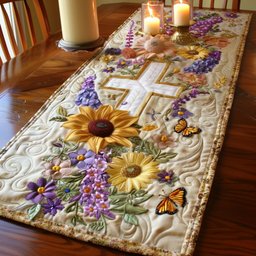 Cross with Sunflowers and Butterflies Table Runner - Made to Order TABLE928