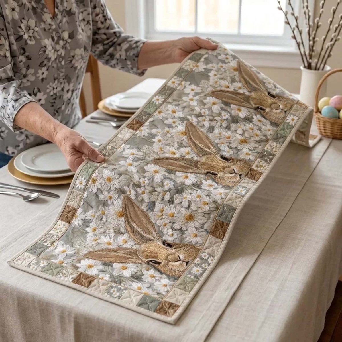 Cream Bunnies on Quilted Linen Table Runner - Made to Order TABLE928