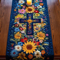 Cross with Sunflowers on Navy Table Runner - Made to Order TABLE928