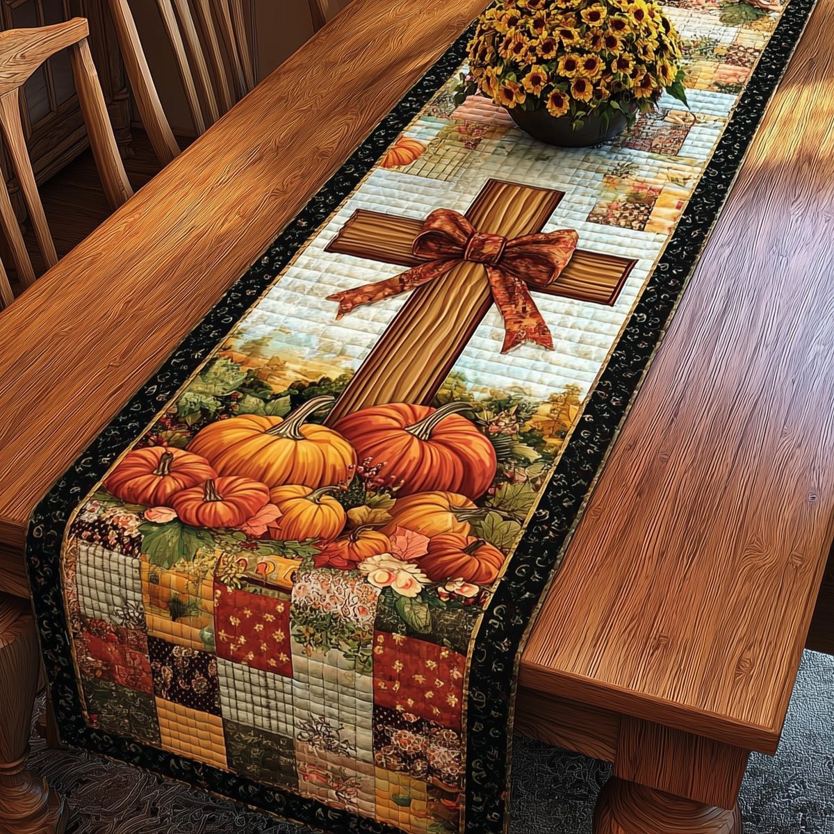 Cross with Brown Bow on Patchwork Table Runner - Made to Order TABLE928